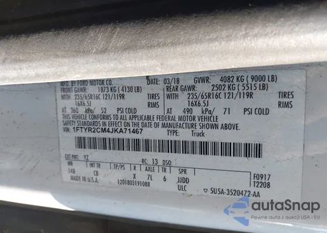 2018 Ford Transit-250 z USA, uszkodzony, nr VIN 1FTYR2CM4JKA71467